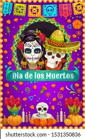 Day of the Dead skulls and death Catrina vector design of Mexican Dia de los Muertos. Sugar skulls and skeletons with marigold flowers, music festival flags and sombrero, altar with candles, pumpkins