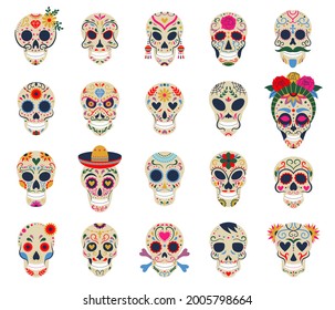 Day of the dead skulls. Dia de los muertos traditional mexican sugar human head bones vector symbols set. Dead day skulls with flowers. Horror and spooky human skull to holiday muertos illustration