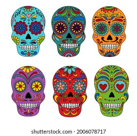 Day of the Dead  skulls. Dia de los muertos. Day of the dead and  mexican Halloween. Mexican tradition  festival. Day of the dead sugar skull isolated. Dia de los Muertos tattoo skulls set.