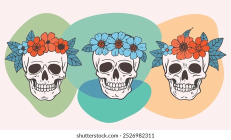 Day of the Dead skulls with flower crowns in boho retro style. Vibrant design, themed events, print