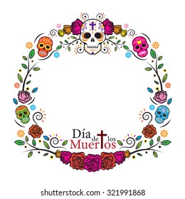 Day of the Dead Skulls Frame, with Roses, Round, Circle Shape