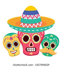 day of the dead skulls masks with mexican hat vector illustration design