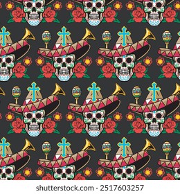 Day of the Dead skulls mexican Halloween isolated Seamless Pattern design