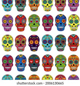 Patrón de los cráneos del día de los muertos. Imprenta de Dia de los muertos. Día de los muertos y textura mexicana de Halloween. Festival de tradición mexicana. El día del cráneo de azúcar muerto aislado. Tatuaje del Día de los Muertos 