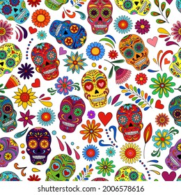 Day of the Dead  skulls pattern. Dia de los muertos print. Day of the dead and  mexican Halloween texture. Mexican tradition  festival. Day of the dead sugar skull isolated. Dia de los Muertos tattoo 