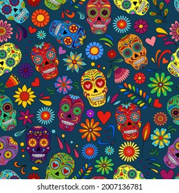 Day of the Dead  skulls pattern. Dia de los muertos print. Day of the dead and  mexican Halloween texture. Mexican tradition  festival. Day of the dead sugar skull isolated. Dia de los Muertos tattoo 