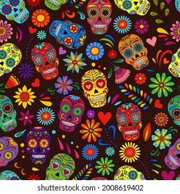 Day of the Dead  skulls pattern. Dia de los muertos print. Day of the dead and  mexican Halloween texture. Mexican tradition  festival. Day of the dead sugar skull isolated. Dia de los Muertos tattoo 