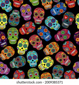 Day of the Dead  skulls pattern. Dia de los muertos print. Day of the dead and  mexican Halloween texture. Mexican tradition  festival. Day of the dead sugar skull isolated. Dia de los Muertos head.