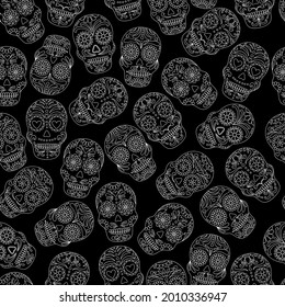 Tag der Toten Schädel Muster. Dia de los muertos print. Tag der toten und mexikanischen Halloween-Textur. Mexikanisches Traditionsfestival. Tag des toten Zuckerschädels einzeln. Dia de los Muertos tattoo 