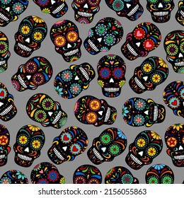 Day of the Dead  skulls pattern. Dia de los muertos print. Day of the dead and  mexican Halloween texture. Mexican tradition  festival. Day of the dead sugar skull isolated. Dia de los Muertos tattoo 