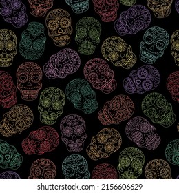 Day of the Dead  skulls pattern. Dia de los muertos print. Day of the dead and  mexican Halloween texture. Mexican tradition  festival. Day of the dead sugar skull isolated. Dia de los Muertos tattoo 