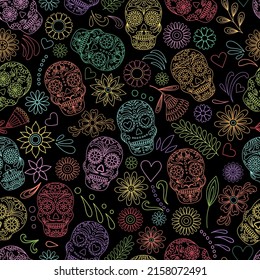 Day of the Dead  skulls pattern. Dia de los muertos print. Day of the dead and  mexican Halloween texture. Mexican tradition  festival. Day of the dead sugar skull isolated. Dia de los Muertos tattoo 