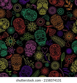 Day of the Dead  skulls pattern. Dia de los muertos print. Day of the dead and  mexican Halloween texture. Mexican tradition  festival. Day of the dead sugar skull isolated. Dia de los Muertos tattoo 