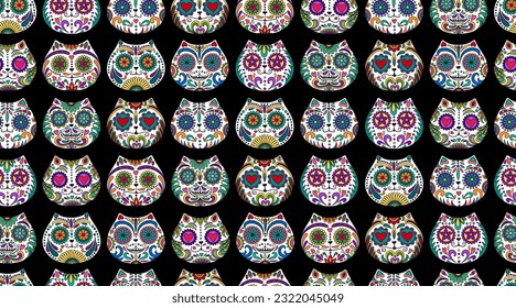 Tag der Toten Schädel Muster. Dia de los muertos print. Mexikanische Totenkatze. Tag des toten und mexikanischen Traditionsfestivals. Tag des toten Zuckerschädels Hintergrund. Dia de los Muertos tätowieren Schädel.