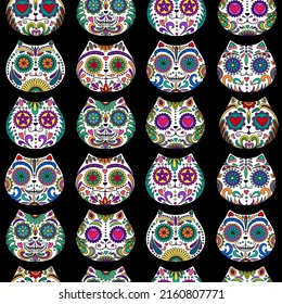 Day of the Dead  skulls pattern. Mexican dead Cat. Dia de los muertos print. Day of the dead and  Mexican tradition  festival. Day of the dead sugar skull isolated. Dia de los Muertos tattoo skulls