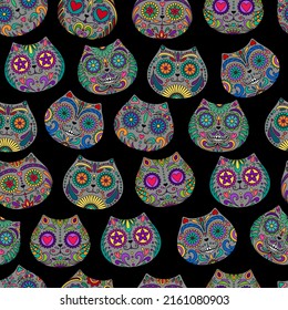 Day of the Dead  skulls pattern. Mexican dead Cat. Dia de los muertos print. Day of the dead and  Mexican tradition  festival. Day of the dead sugar skull isolated. Dia de los Muertos tattoo skulls.