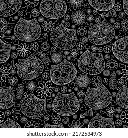 Day of the Dead  skulls pattern. Mexican dead Cat. Dia de los muertos print. Day of the dead and  Mexican tradition  festival. Day of the dead sugar skull isolated. Dia de los Muertos tattoo skulls.