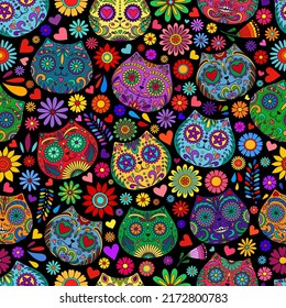 Day of the Dead  skulls pattern. Mexican dead Cat. Dia de los muertos print. Day of the dead and  Mexican tradition  festival. Day of the dead sugar skull isolated. Dia de los Muertos tattoo skulls.
