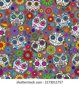 Day of the Dead  skulls pattern. Mexican dead Cat. Dia de los muertos print. Day of the dead and  Mexican tradition  festival. Day of the dead sugar skull isolated. Dia de los Muertos tattoo skulls.