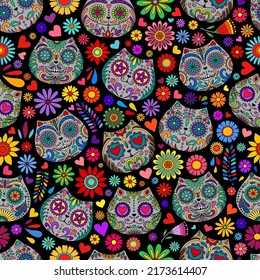 Day of the Dead  skulls pattern. Mexican dead Cat. Dia de los muertos print. Day of the dead and  Mexican tradition  festival. Day of the dead sugar skull isolated. Dia de los Muertos tattoo skulls.