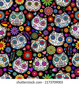 Day of the Dead  skulls pattern. Mexican dead Cat. Dia de los muertos print. Day of the dead and  Mexican tradition  festival. Day of the dead sugar skull isolated. Dia de los Muertos tattoo skulls.