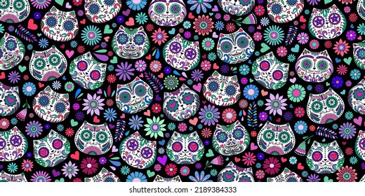 Day of the Dead  skulls pattern. Mexican dead Cat. Dia de los muertos print. Day of the dead and  Mexican tradition  festival. Day of the dead sugar skull isolated. Dia de los Muertos tattoo skulls.