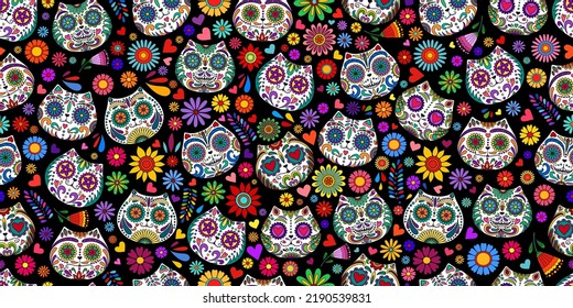 Day of the Dead  skulls pattern. Mexican dead Cat. Dia de los muertos print. Day of the dead and  Mexican tradition  festival. Day of the dead sugar skull isolated. Dia de los Muertos tattoo skulls.