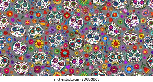 Day of the Dead  skulls pattern. Mexican dead Cat. Dia de los muertos print. Day of the dead and  Mexican tradition  festival. Day of the dead sugar skull isolated. 