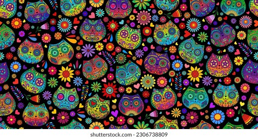 Day of the Dead  skulls pattern. Mexican dead Cat. Dia de los muertos print. Day of the dead and  Mexican tradition  festival. Day of the dead sugar skull isolated. Dia de los Muertos tattoo skulls.