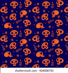 Day of the dead Skulls seamless pattern. Vector Background. Orange and Blue