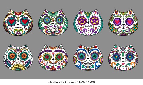 Day of the Dead  skulls set. Mexican dead Cat  skull icons. Dia de los muertos icon. Day of the dead and  Mexican tradition festival. Day of the dead sugar skull isolated. Dia de los Muertos tattoo sk