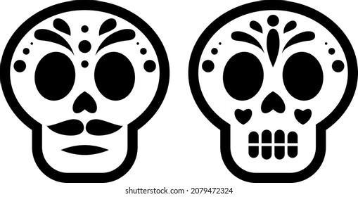 Day of the Dead, skulls and skeletons decorated with colorful Mexican elements and flowers, vector illustration
