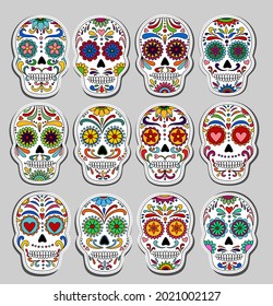 Day of the Dead  skulls stickers. Dia de los muertos. Day of the dead and  mexican Halloween. Mexican tradition  festival. Day of the dead sugar skull isolated.Dia de los Muertos tattoo skulls sticker