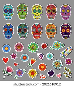 Day of the Dead  skulls stickers. Dia de los muertos. Day of the dead and  mexican Halloween. Mexican tradition  festival. Day of the dead sugar skull isolated.Dia de los Muertos tattoo skulls sticker