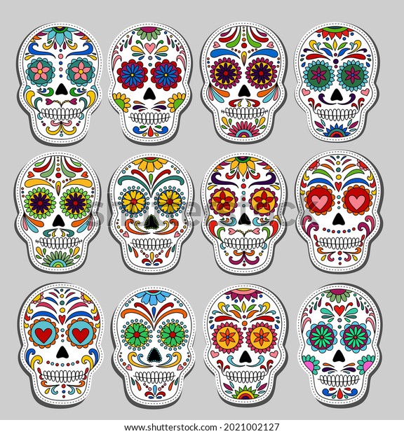 Day dead skulls stickers dia de stock vector royalty free 2021002127 