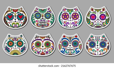 Day of the Dead  skulls stickers set. Mexican dead Cat  skull icons. Dia de los muertos icon. Day of the dead and  Mexican tradition festival. Day of the dead sugar skull isolated. Dia de los Muertos 