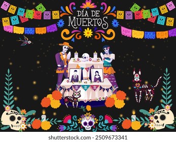 The Day of the Dead (Spanish: el Día de Muertos)is a holiday traditionally celebrated on November 1 and 2, with couple skeletons are greeting,confeti with black background.