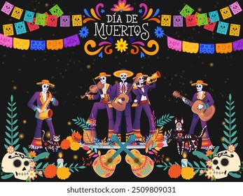 The Day of the Dead (Spanish: el Día de Muertos)is a holiday traditionally celebrated on November 1 and 2, with four skeleton playing saxophon,violin, and playing guitar,with candle n black background