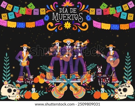 The Day of the Dead (Spanish: el Día de Muertos)is a holiday traditionally celebrated on November 1 and 2, with four skeleton playing saxophon,violin, and playing guitar,with candle n black background