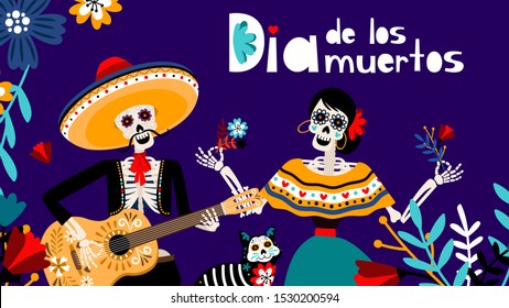 Day of the dead in spanish, traditional mexicans festival color background with skeletons and cat vector illustration. Dia de los muertos backdrop