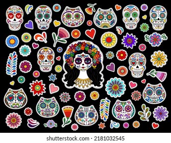 Day of the Dead stickers. Dia de los muertos. Day of the dead, mexican Halloween stickers. Calavera Catrina. Day of the dead sugar skull isolated. Dia de los Muertos skulls sticker. Mexican tradition