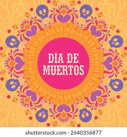 Day of the Dead style vector card. Design on orange papel picado. Mexican tradition