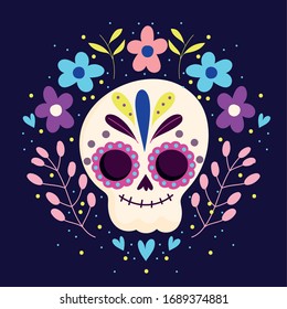 day of the dead, sugar skeleton flowers character traditional mexican celebration vector illustration