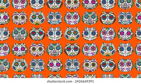 Day of the dead sugar skull backround.Day of the Dead  skulls pattern. Dia de los muertos print. Mexican dead Cat. Day of the dead and  Mexican tradition  festival. . Dia de los Muertos tattoo skulls.