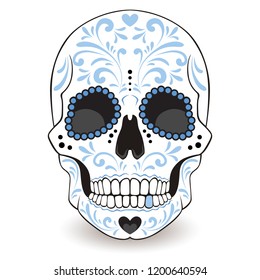 Day of The Dead Sugar Skull with blue curve pattern.