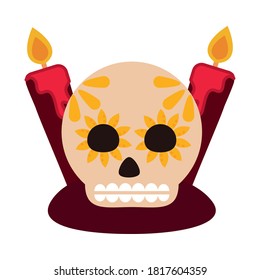 day of the dead, sugar skull with candles decoration culture, mexican celebration icon flat style vector illustration
