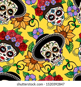 Day Of The Dead Sugar Skull, Catrina La Calavera Color Seamless Vector Pattern.