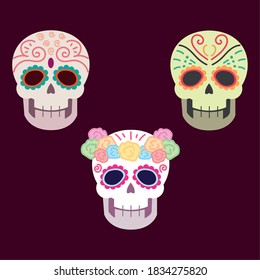 day of the dead, sugar skull catrinas with flowers mexican celebration vector illustration