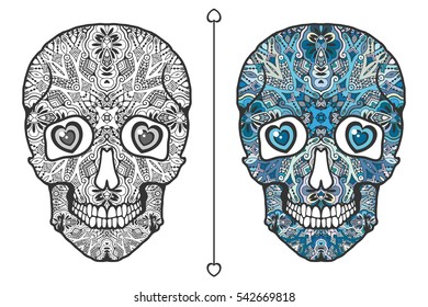 Day of The Dead Sugar Skull collection. Black, white and colorful patterns. Zen doodle art for coloring book page, tattoo, Halloween party card design, textile or paper print.