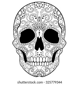 Day of The Dead Sugar Skull with Doodle ornament. Black and white vector illustration. Tattoo sketch. 